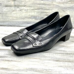 Ashley Judd Metallic Black Leather “Kate” Penny Loafer Low Block Heel Slip On